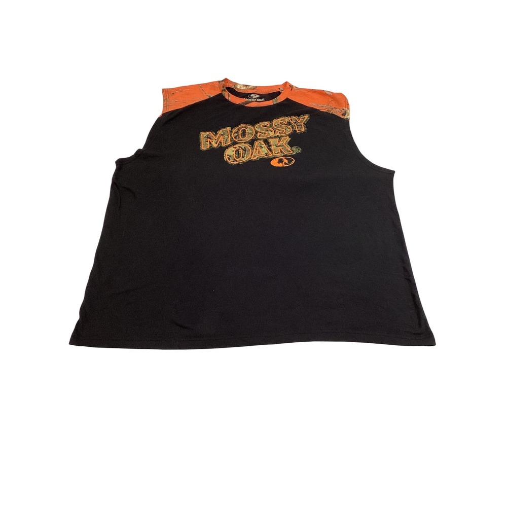 Mossy Oak Mens 2XL Sleeveless Graphic T-Shirt Black Orange Camo Tank Top 50/52